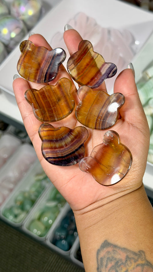 One (1) Yellow/Purple Fluorite Bear Head Worry Stone | Intuitively Chosen