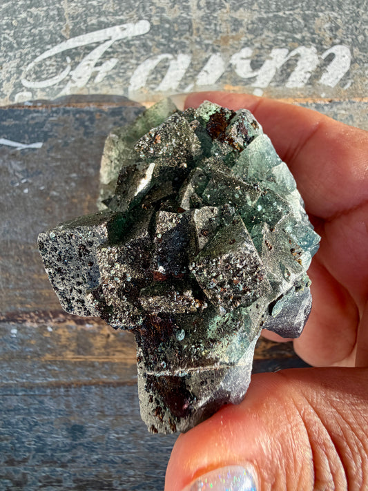 Gorgeous Cubic Dark Blue/Green Fluorite Specimen coated in Pyrite | China | Opt 60