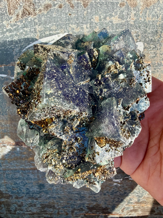 Gorgeous Cubic Dark Blue/Purple Fluorite Specimen coated in Pyrite | China | Opt 45
