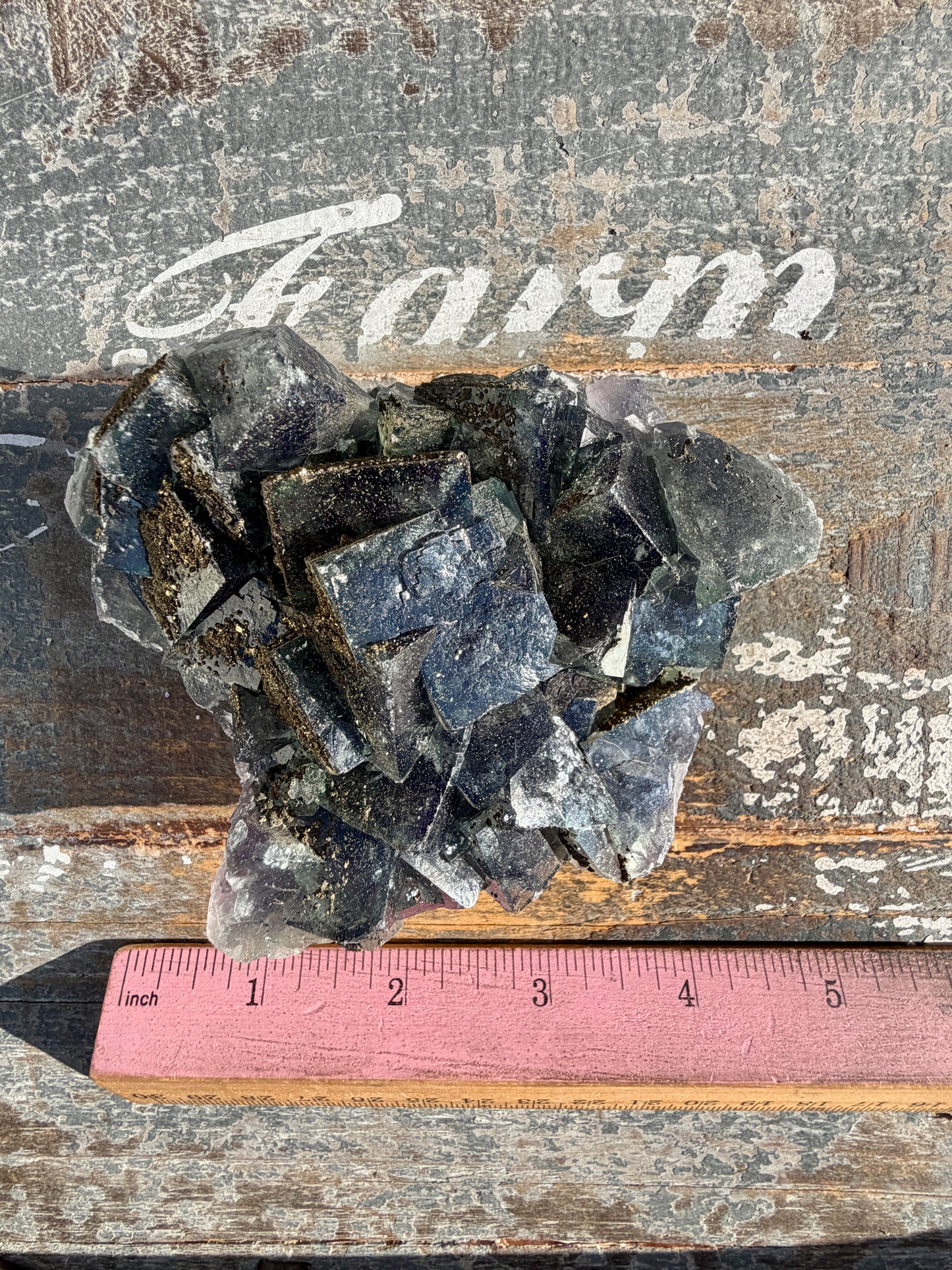 Gorgeous Cubic Dark Blue/Green Fluorite Specimen coated in Pyrite | China | Opt 48