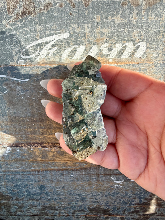 Gorgeous Cubic Dark Blue/Green Fluorite Specimen coated in Pyrite | China | Opt 61