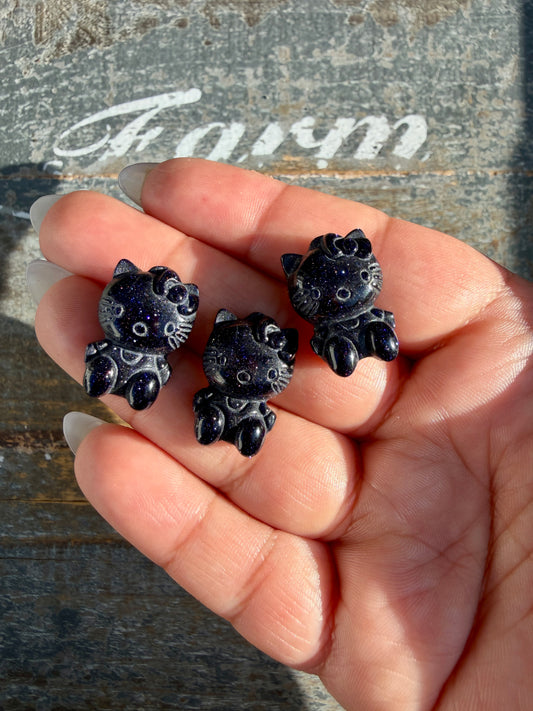One (1) Adorable Blue Goldstone Hello Kitty Carving | Intuitively Chosen