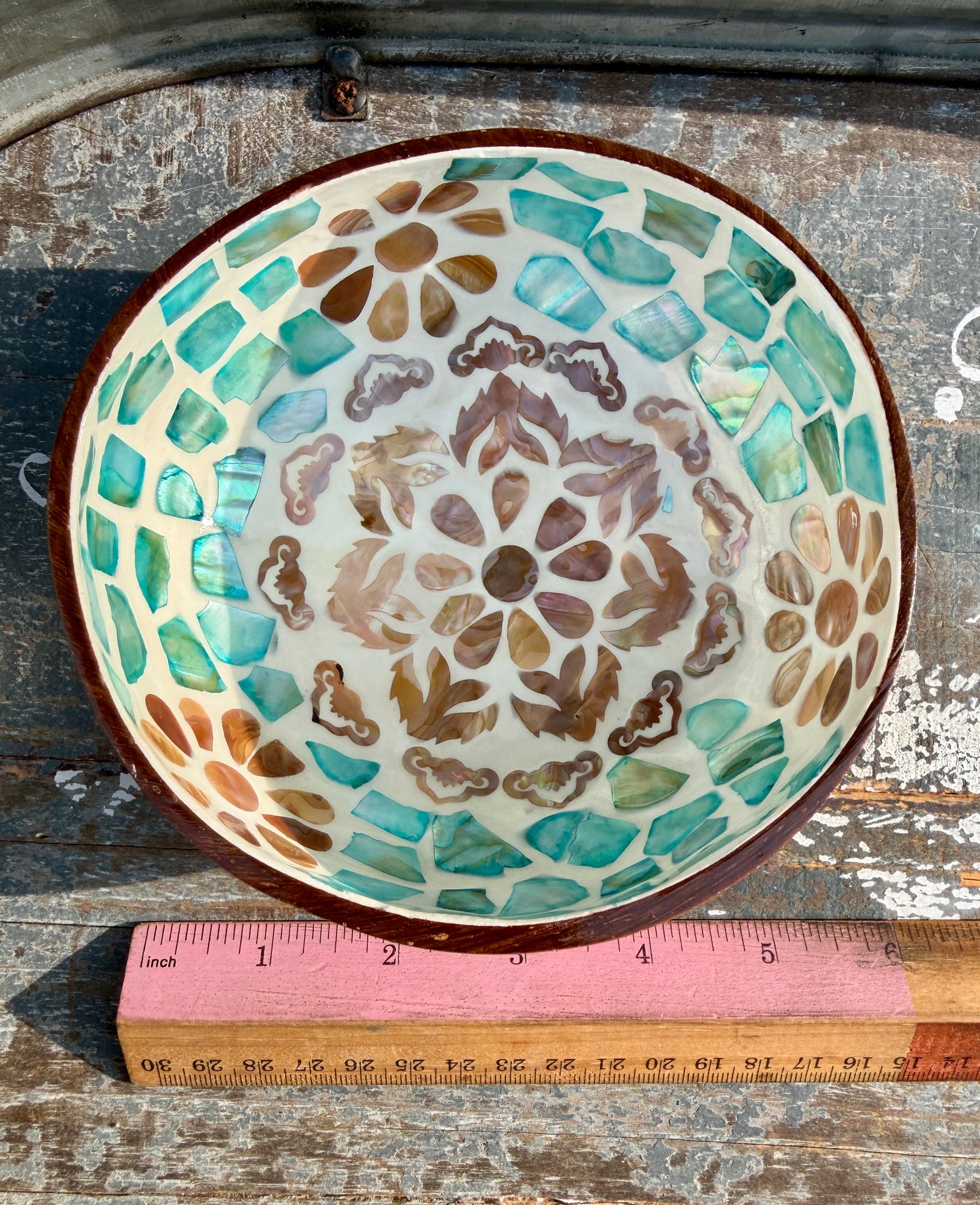Gorgeous Mosaic Coconut Bowl with Shell Inlay | 6"