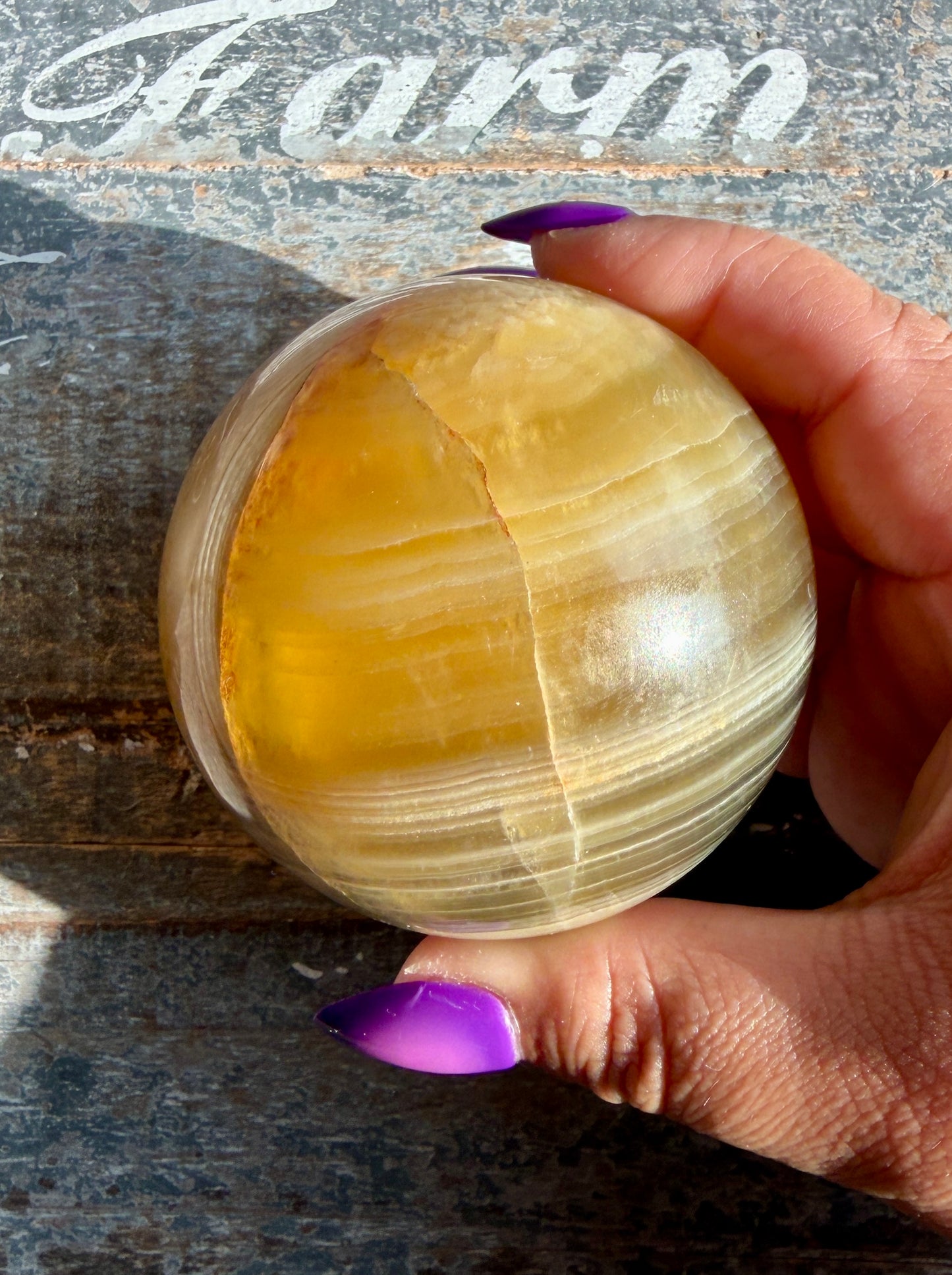 Gorgeous Yellow/Purple Silky Banded Fluorite Sphere | Opt L