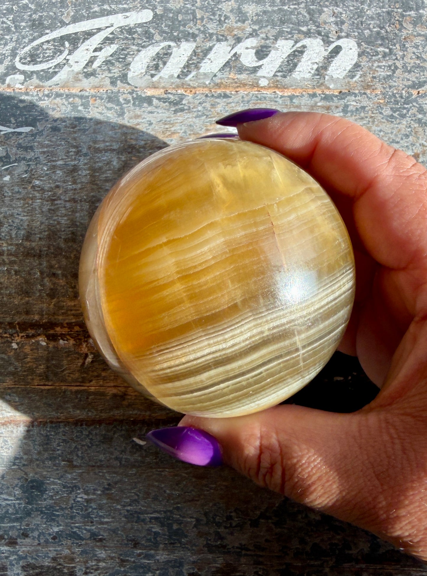 Gorgeous Yellow/Purple Silky Banded Fluorite Sphere | Opt L
