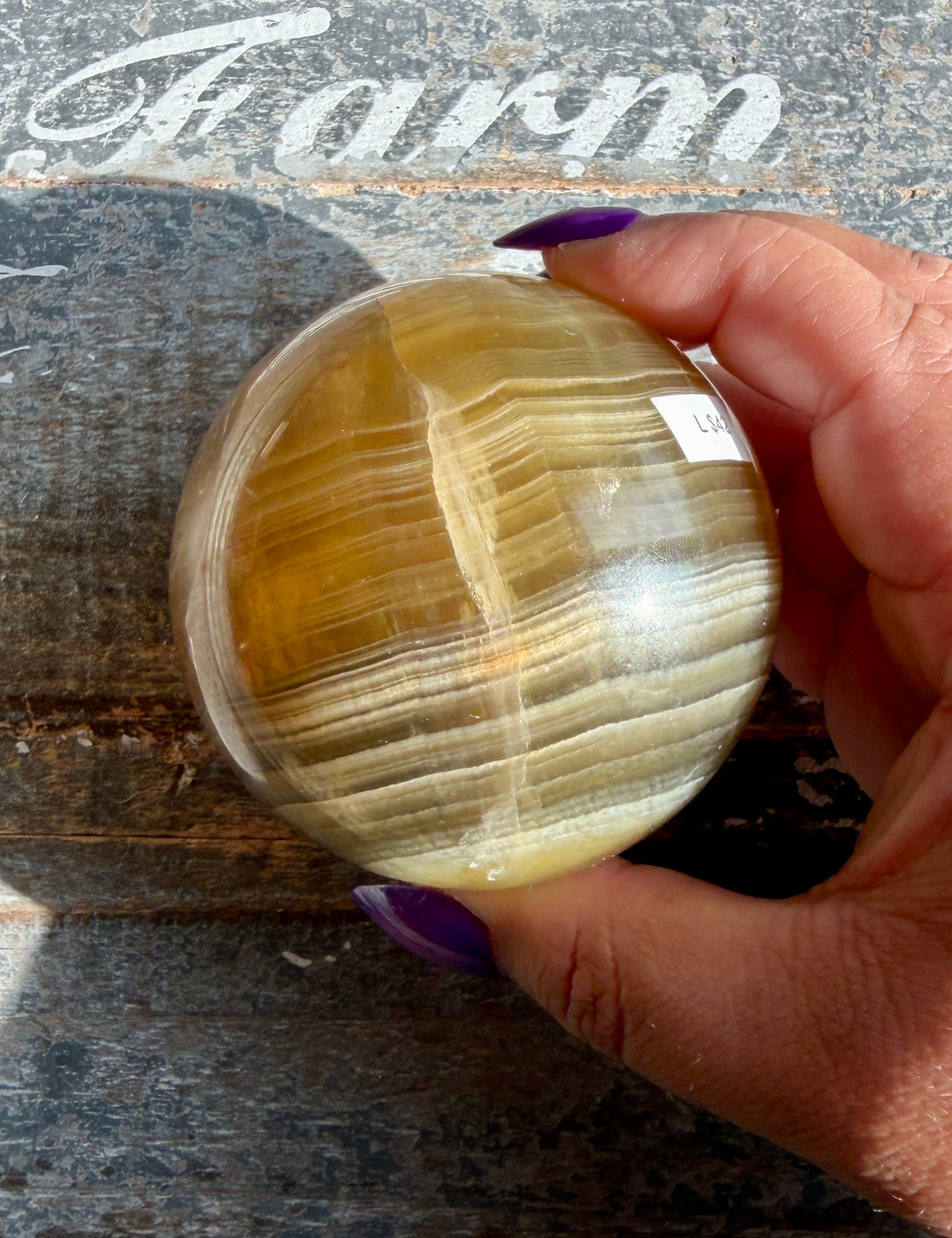 Gorgeous Yellow/Purple Silky Banded Fluorite Sphere | Opt L