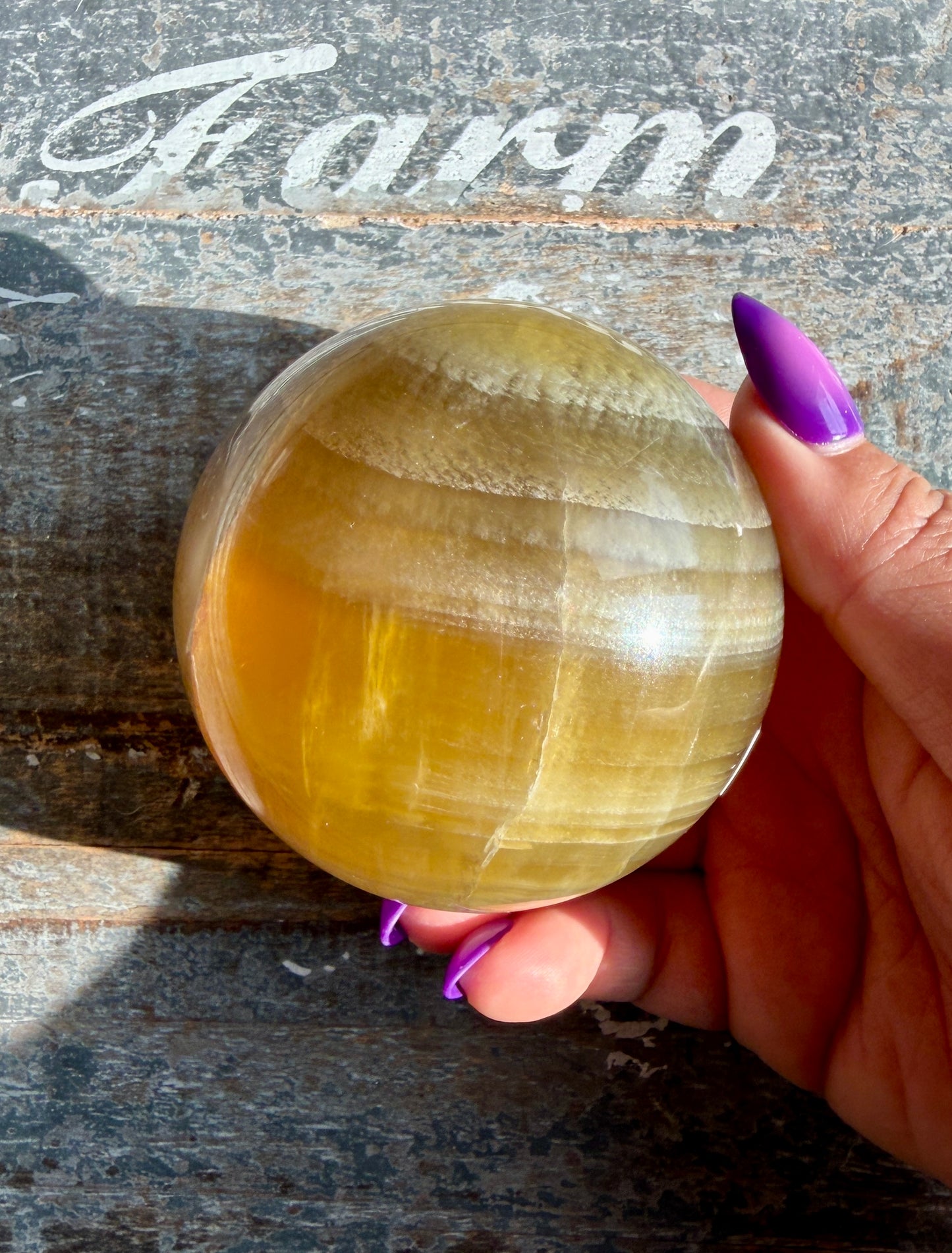 Gorgeous Yellow/Purple Silky Banded Fluorite Sphere | Opt L