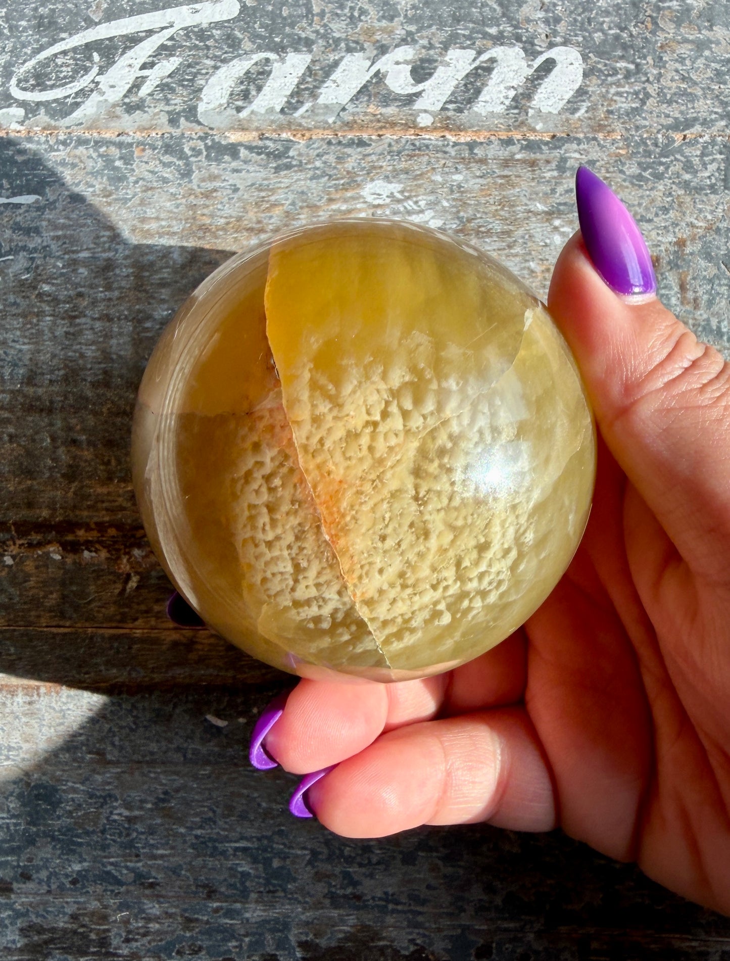 Gorgeous Yellow/Purple Silky Banded Fluorite Sphere | Opt L