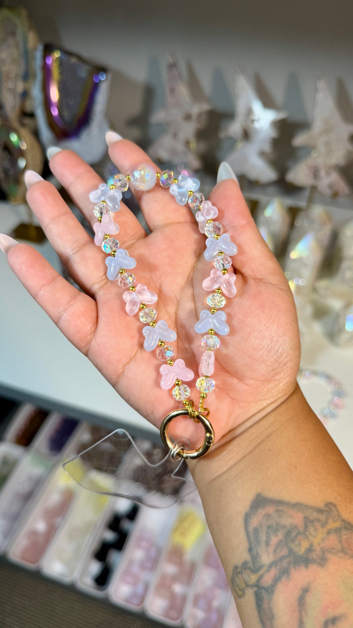 Dreamy Blue/Pink Butterfly Beaded Phone Wristlet | Fairycore Phone Charm