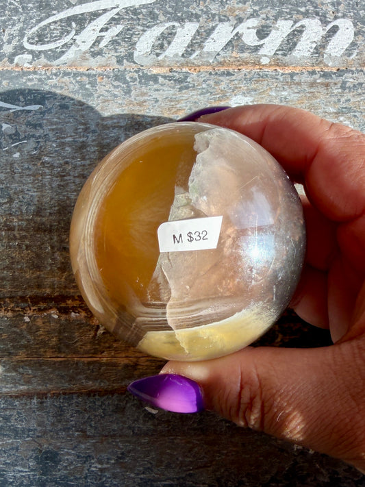 Gorgeous Yellow/Purple Silky Banded Fluorite Sphere | Opt M
