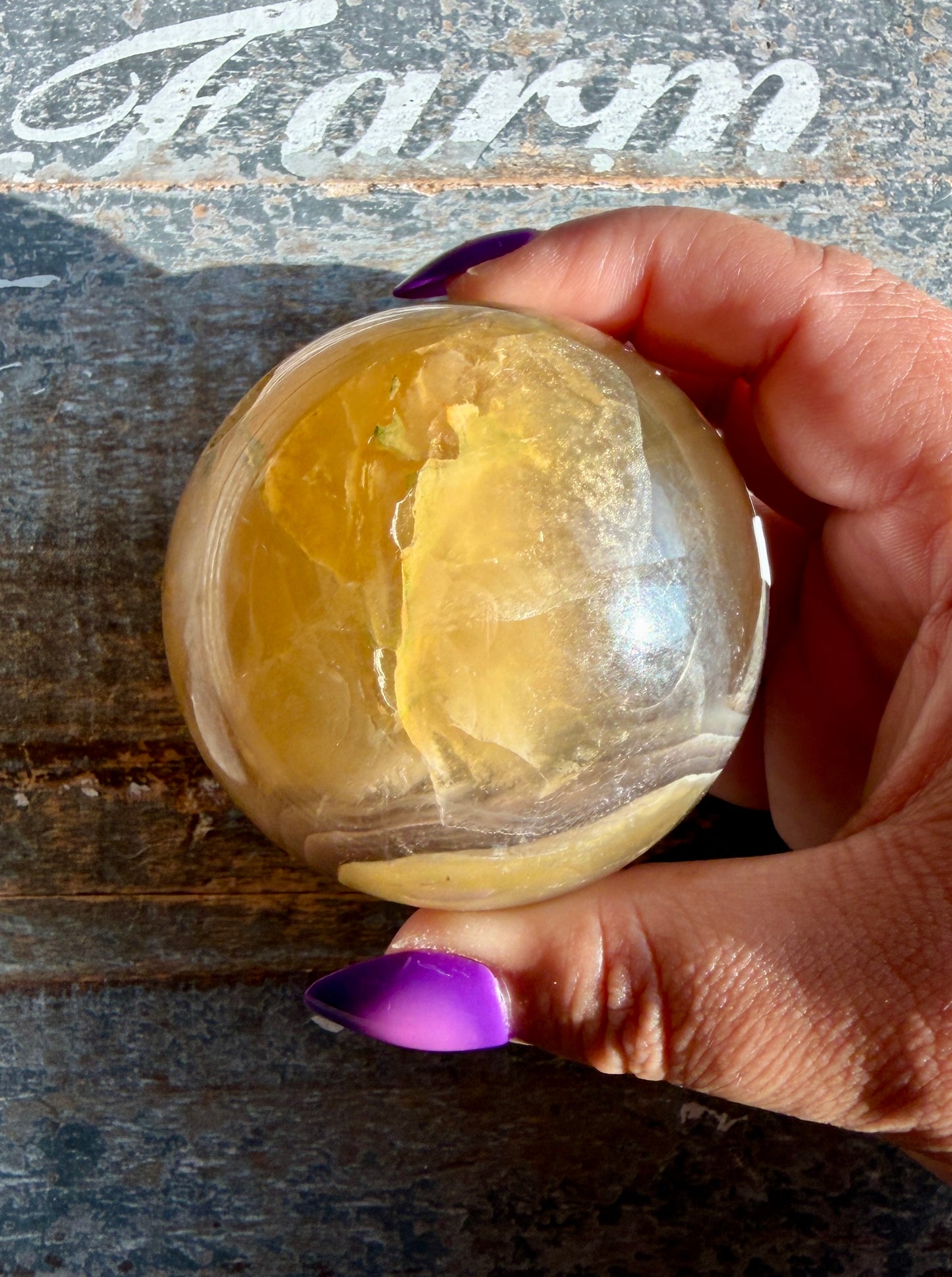 Gorgeous Yellow/Purple Silky Banded Fluorite Sphere | Opt M
