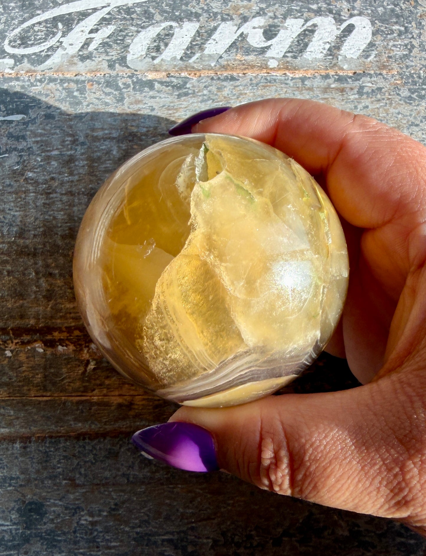 Gorgeous Yellow/Purple Silky Banded Fluorite Sphere | Opt M
