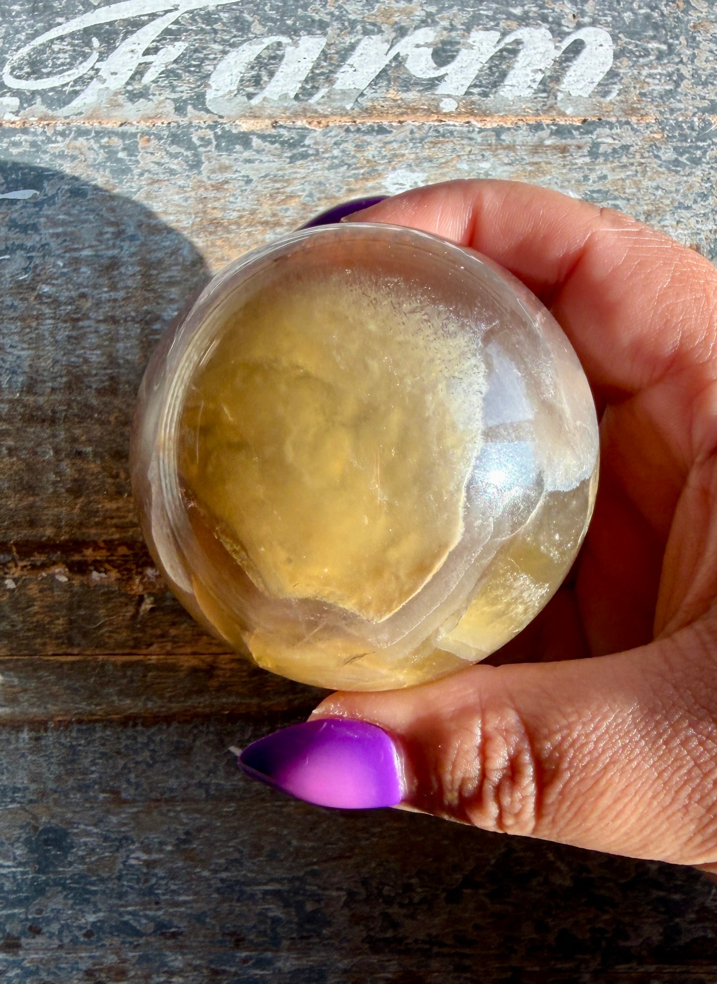 Gorgeous Yellow/Purple Silky Banded Fluorite Sphere | Opt M