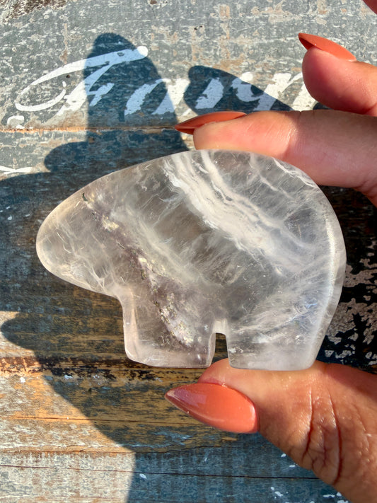 Gorgeous Clear Fluorite with Pyrite Hand Carved Bear | Opt 11
