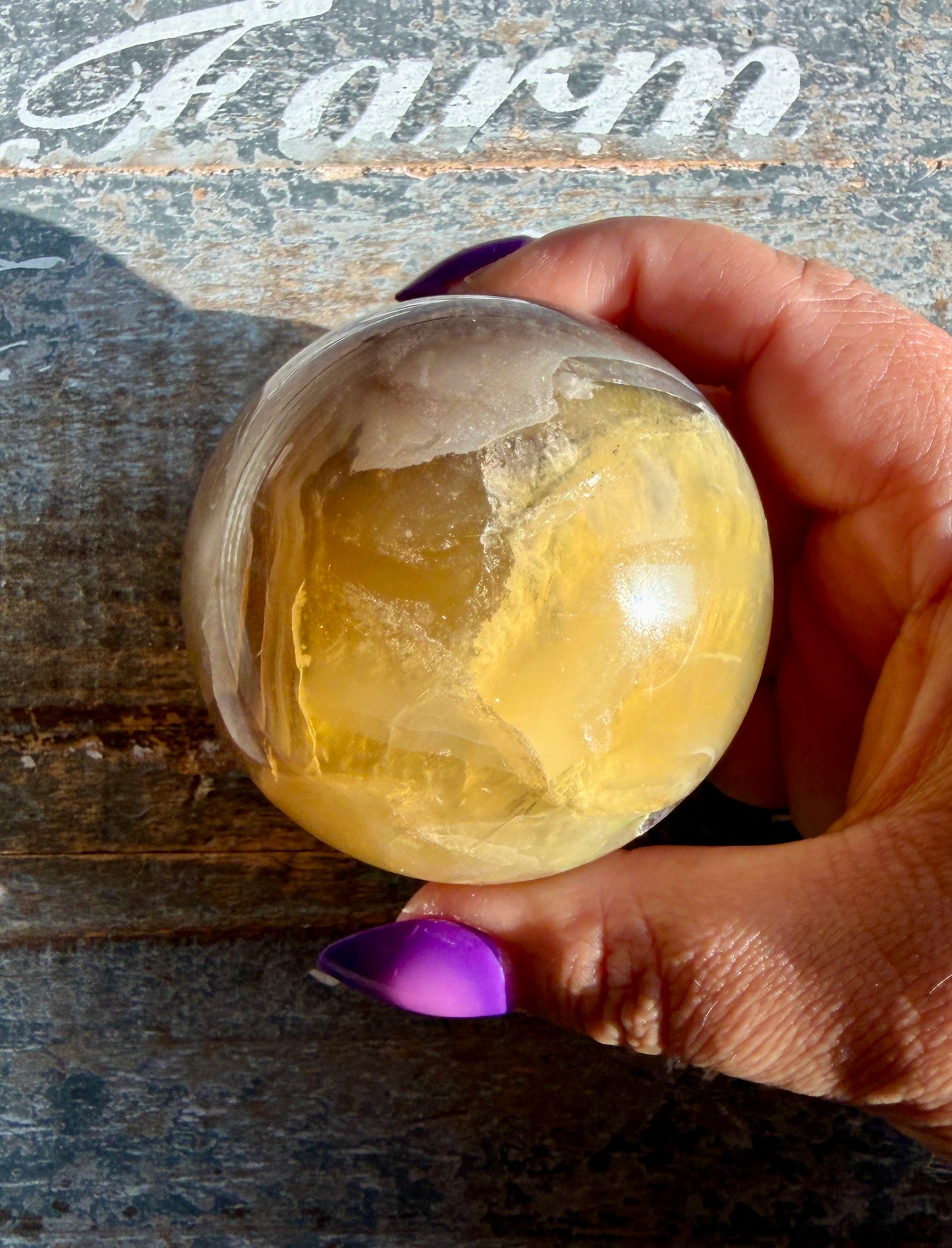 Gorgeous Yellow/Purple Silky Banded Fluorite Sphere | Opt M