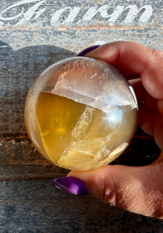Gorgeous Yellow/Purple Silky Banded Fluorite Sphere | Opt M