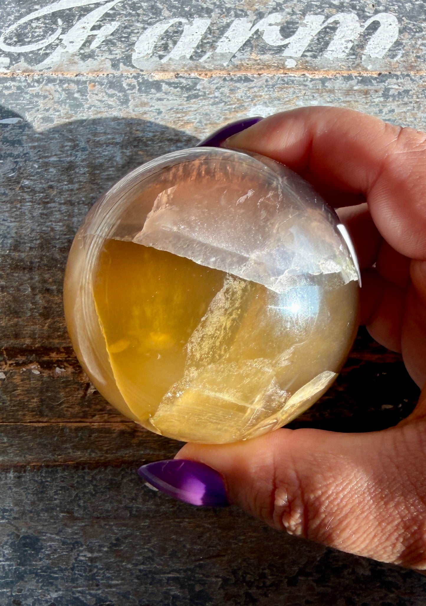Gorgeous Yellow/Purple Silky Banded Fluorite Sphere | Opt M