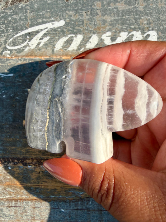 Gorgeous Clear Fluorite with Pyrite Hand Carved Bear | Opt 10