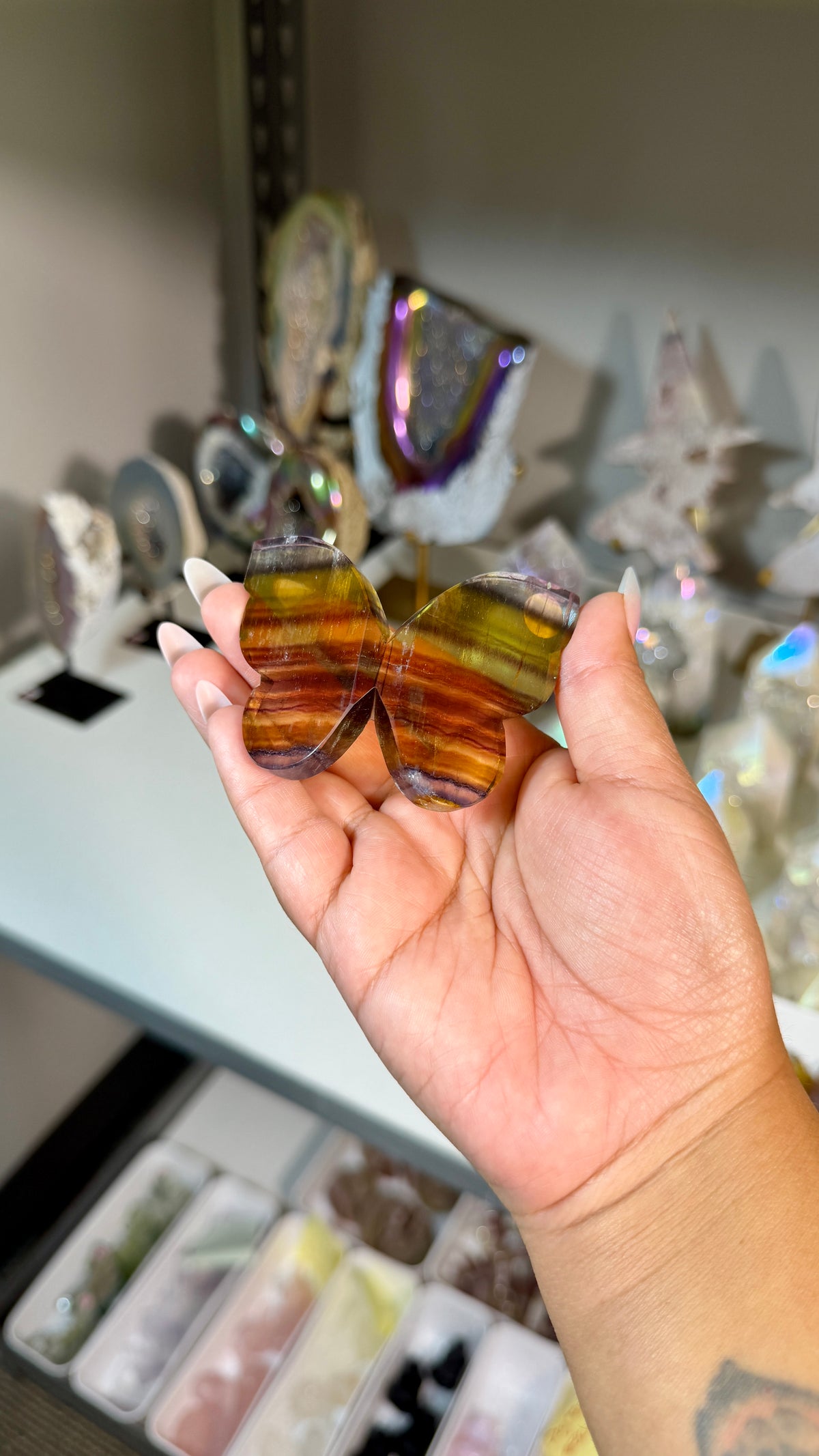 Gorgeous Yellow & Purple Banded Fluorite 3D Butterly | Hand Carved in India, Sourced in China | Opt 30