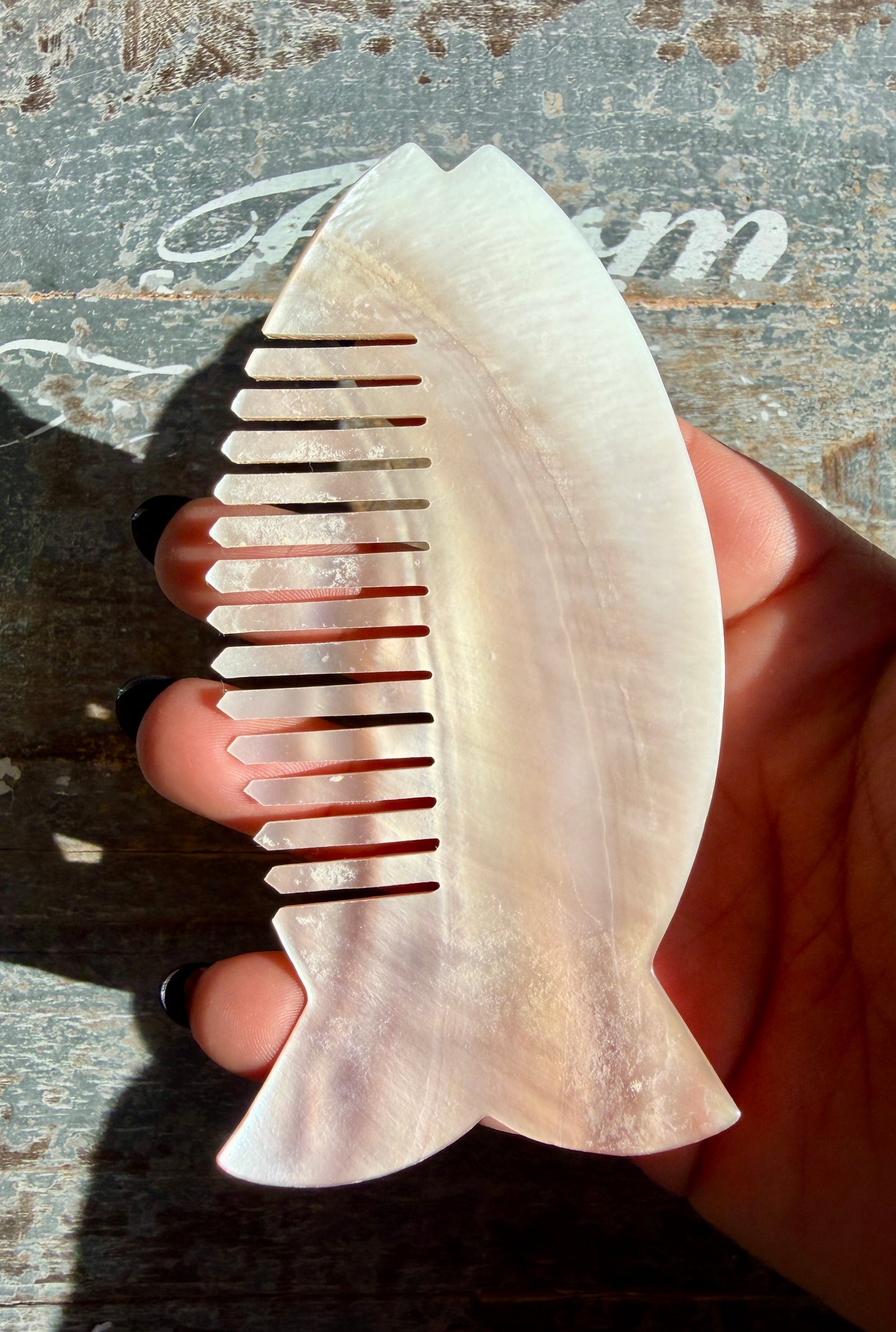 Gorgeous Iridescent Fish Comb | Hand-Carved Mother of Pearl Shell | Opt T