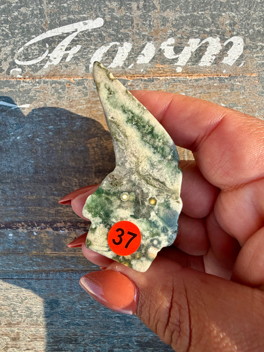 Gorgeous Ocean Jasper Hand Carved Skull w/ Feather | Opt 37