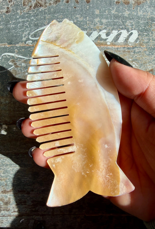Gorgeous Iridescent Fish Comb | Hand-Carved Mother of Pearl Shell | Opt S
