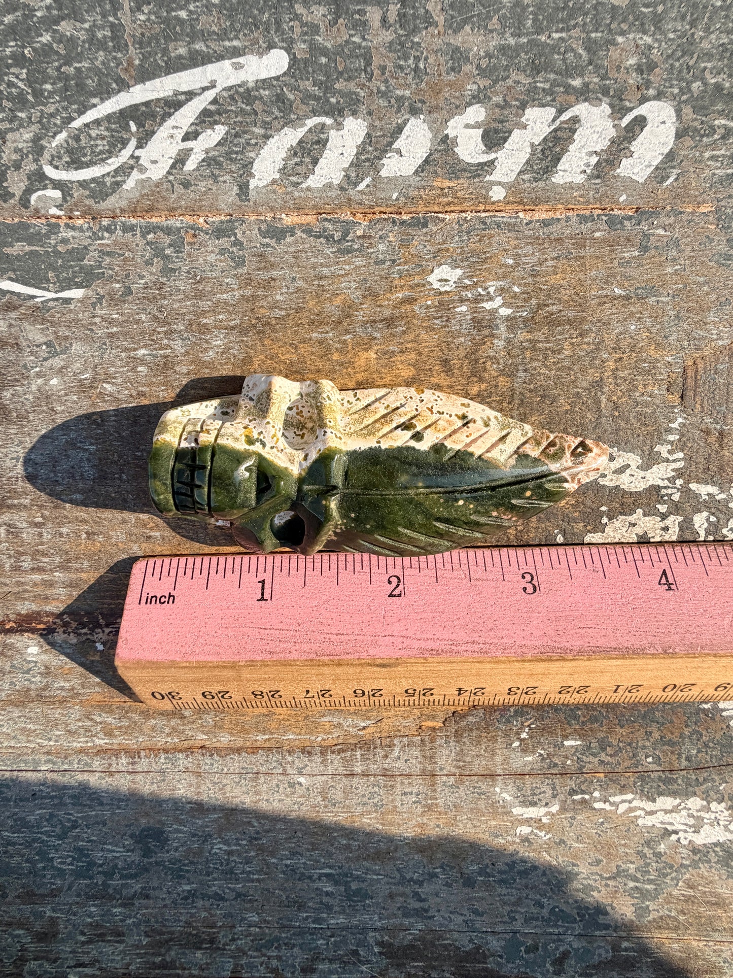 Gorgeous Ocean Jasper Hand Carved Skull w/ Feather | Opt 50