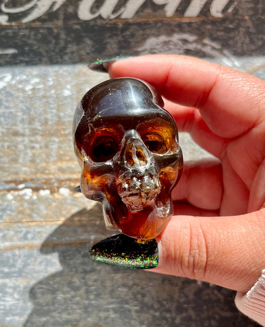 Gorgeous UV Reactive Amber Hand Carved Skull from Indonesia *Tucson Gem Show Exclusive*