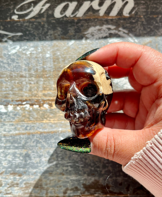 Gorgeous UV Reactive Amber Hand Carved Skull from Indonesia *Tucson Gem Show Exclusive*
