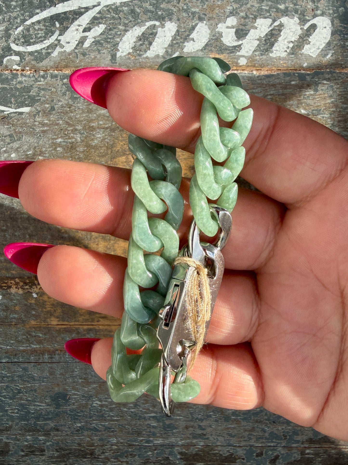 Gorgeous Hand-Carved Green Jade Chain Bracelet | 8" from Clasp to Clasp | Opt 53
