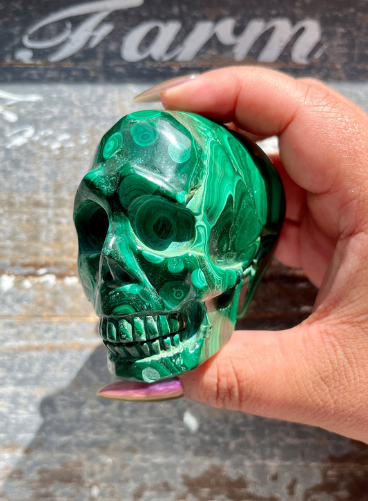 Gorgeous Large Hand Carved Malachite Skull