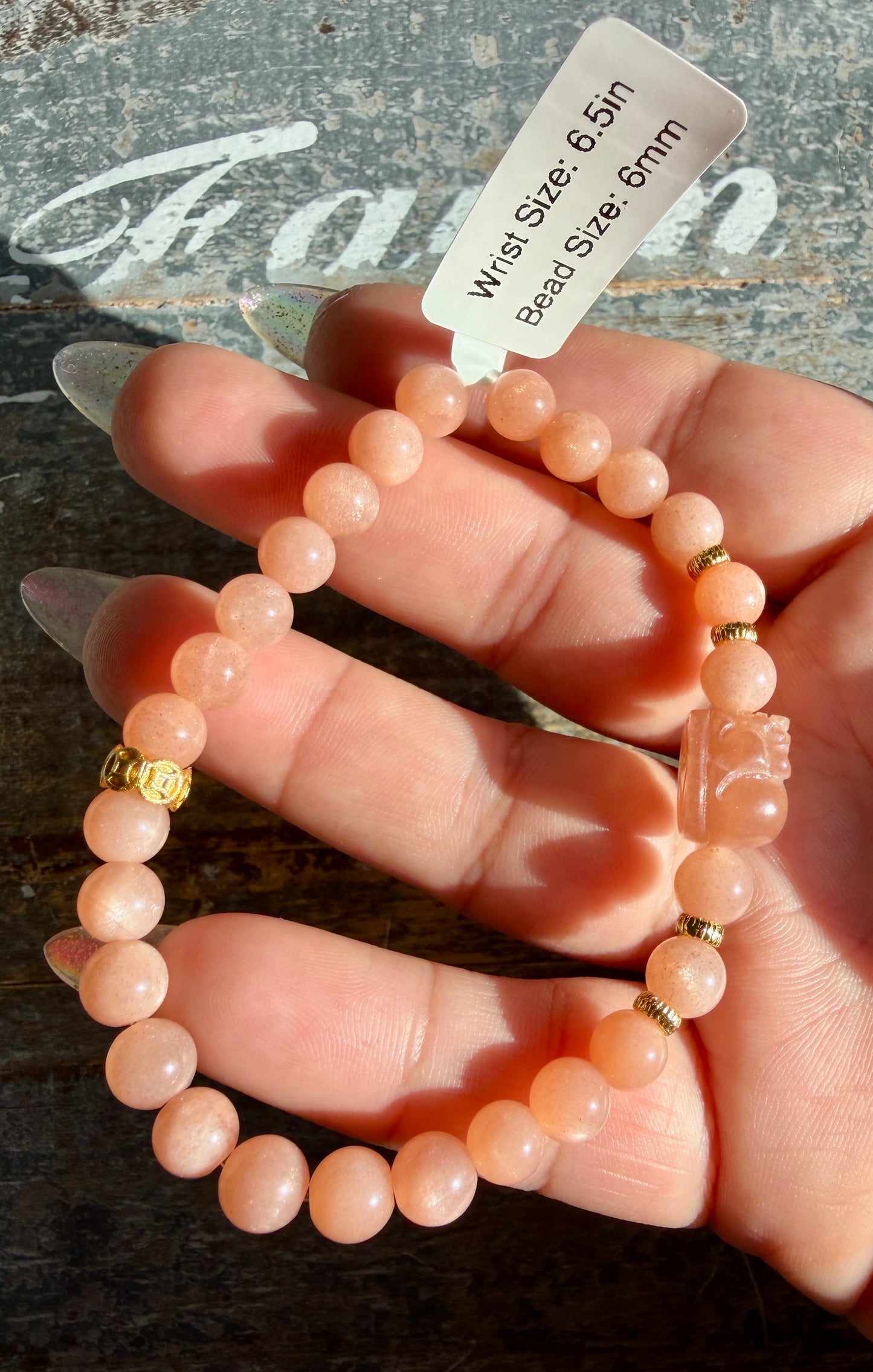 Gorgeous Rose Gold Moonstone with Pixiu | 6mm | Wrist: 6.25" | A