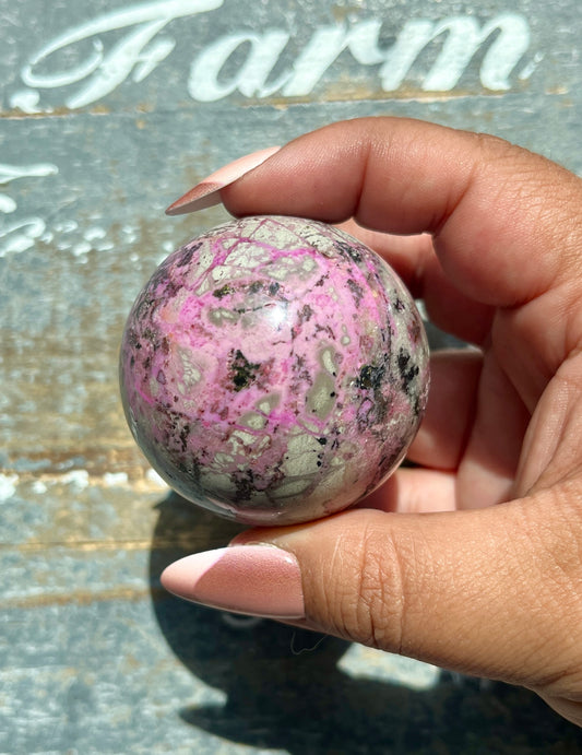 Gorgeous Malachite and Pink Cobaltoan Calcite Sphere from the Congo