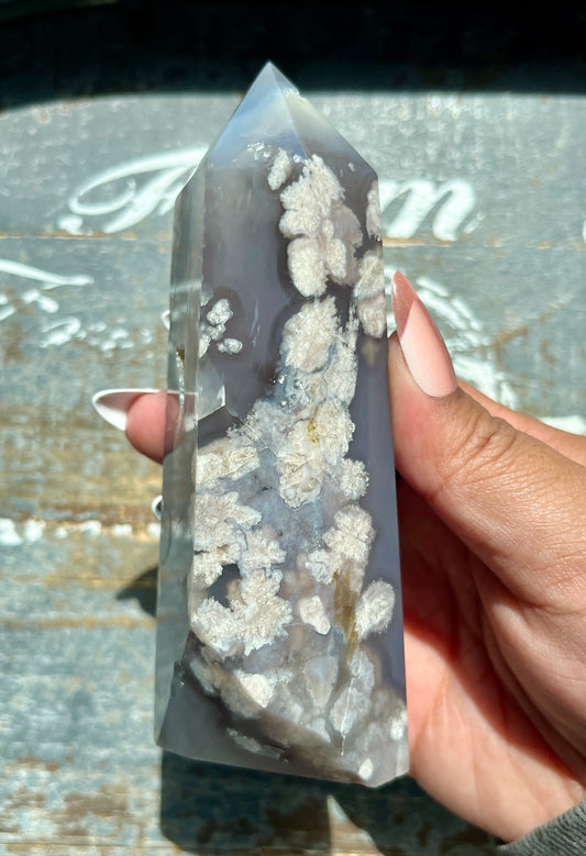Gorgeous Natural Black Flower Agate Tower from Madagascar *discounted/repaired*