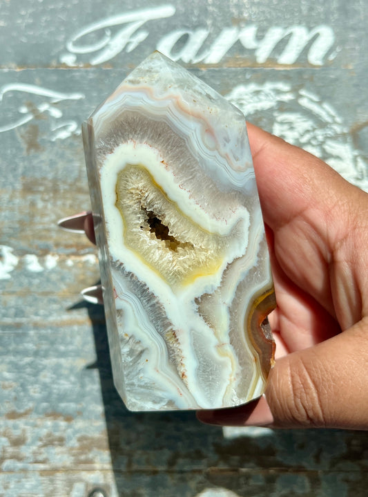 Gorgeous Banded Agate Tower with Druzy from Mexico *Tower Lean*