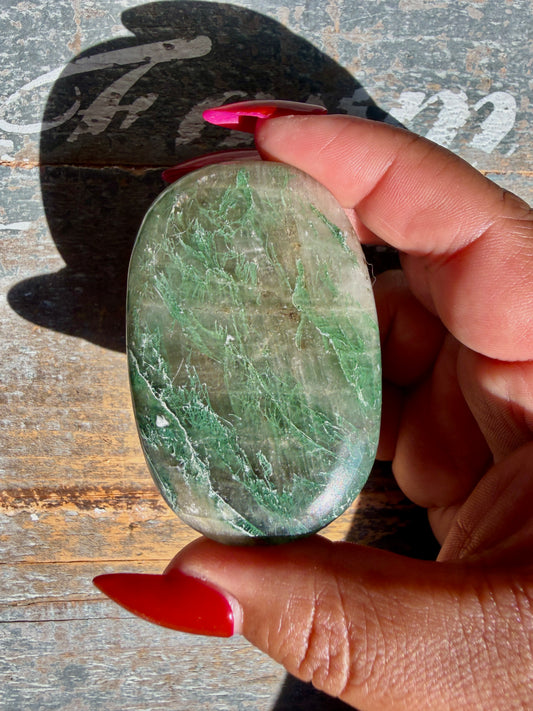 Gorgeous Optical Calcite + Moss Agate Combo Mineral Palm Stone | India | Opt 45