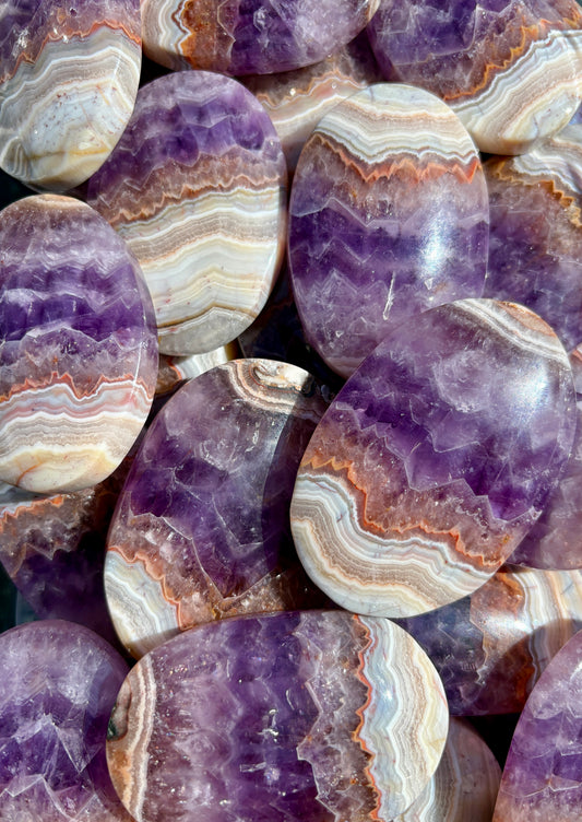 One (1) Gorgeous Amethyst with Crazy Lace Agate Banding Palm Stone | Intuitively Chosen