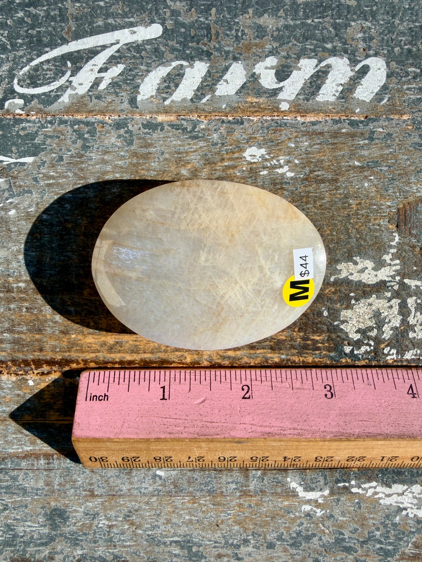 Gorgeous Blue Flash White Moonstone Palm Stone | India | Opt M