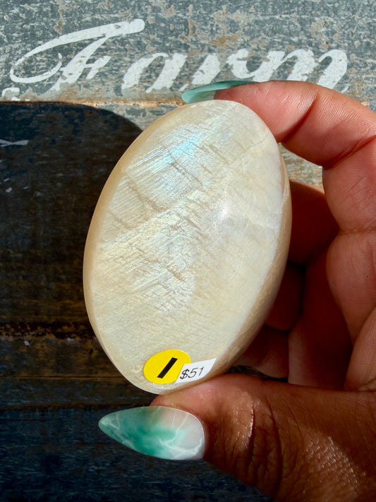 Gorgeous Blue Flash White Moonstone Palm Stone | India | Opt I