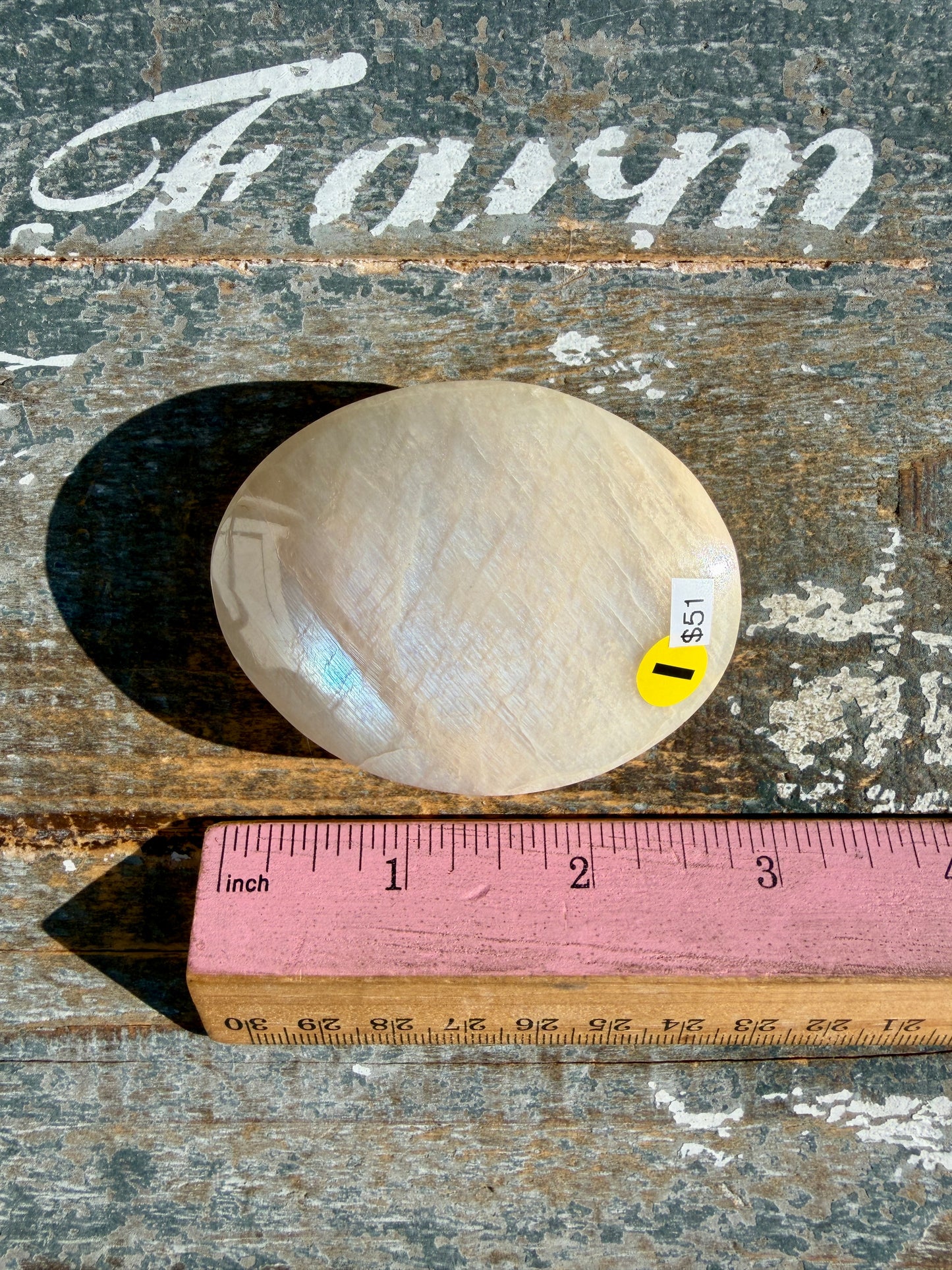 Gorgeous Blue Flash White Moonstone Palm Stone | India | Opt I