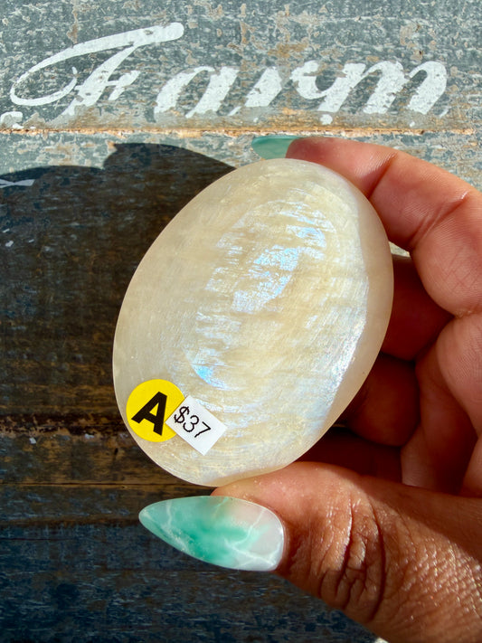 Gorgeous Blue Flash White Moonstone Palm Stone | India | Opt A