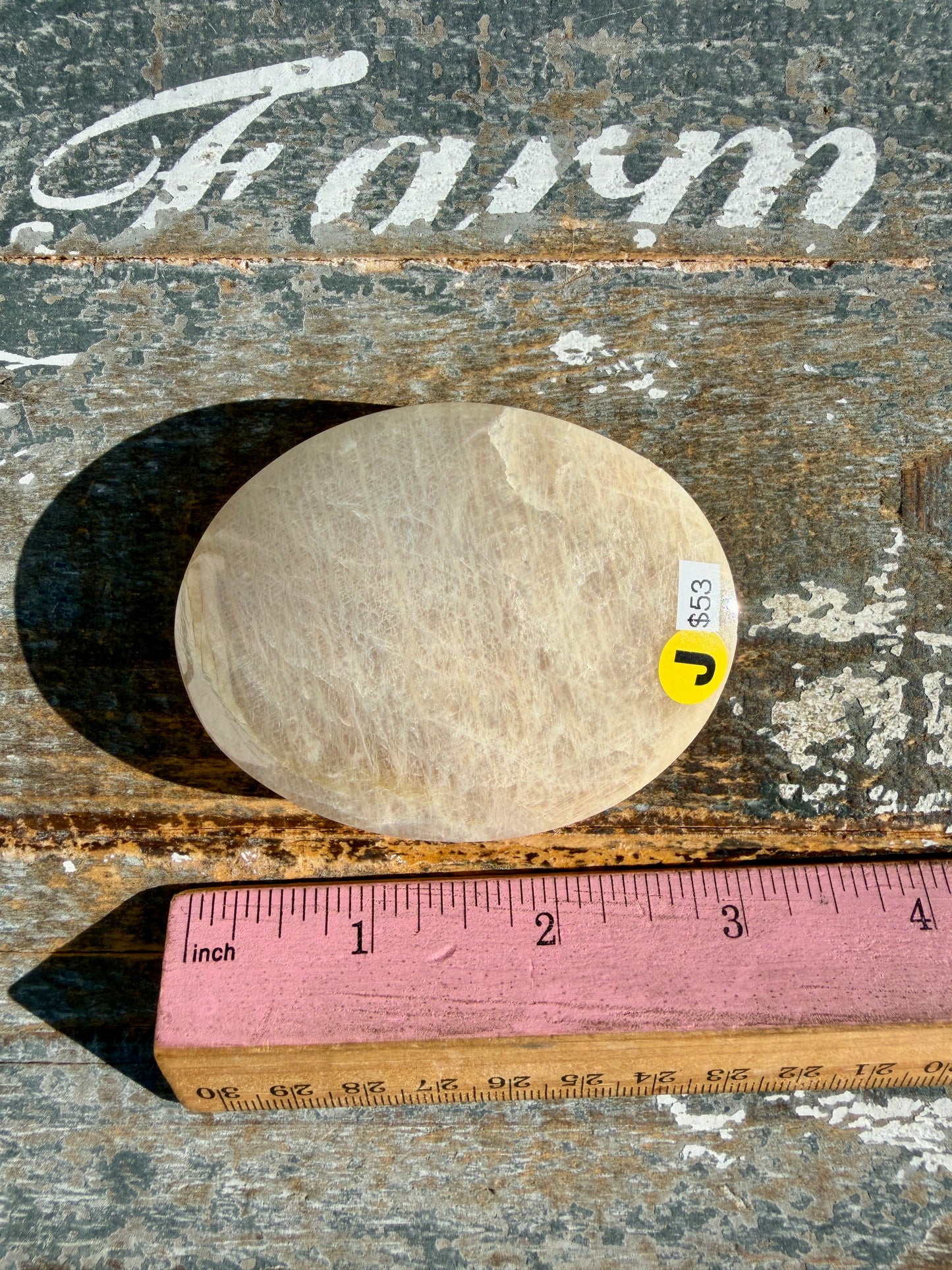 Gorgeous Blue Flash White Moonstone Palm Stone | India | Opt J