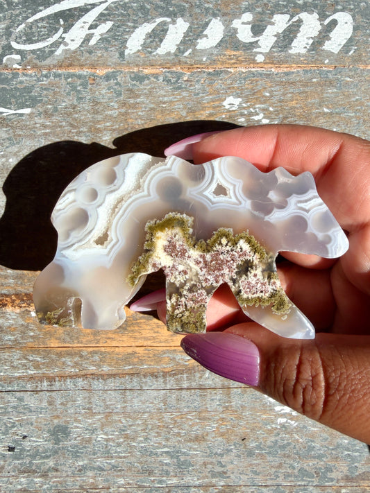 Gorgeous Indonesian Scenic Moss Agate BEAR Carving | Opt 4