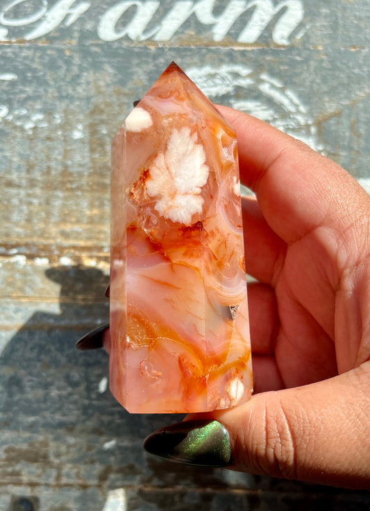 Gorgeous High Quality Carnelian + Pink Flower Agate Tower from Madagascar