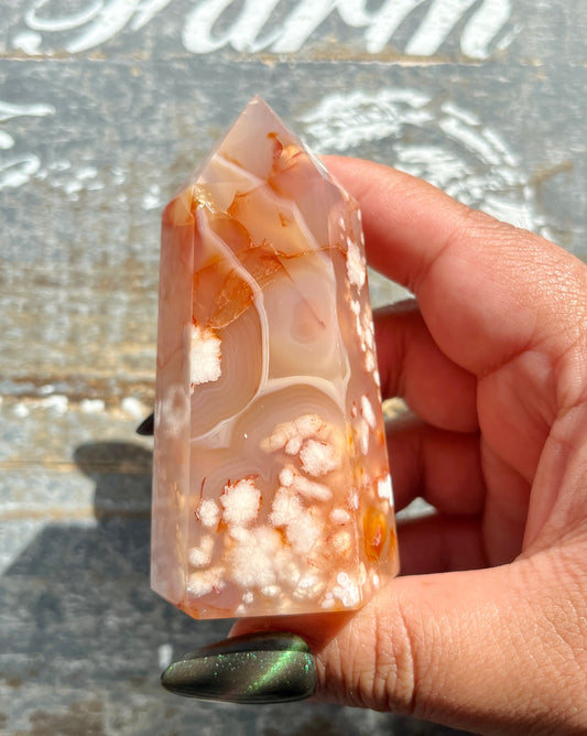 Gorgeous High Quality Carnelian + Pink Flower Agate Tower from Madagascar
