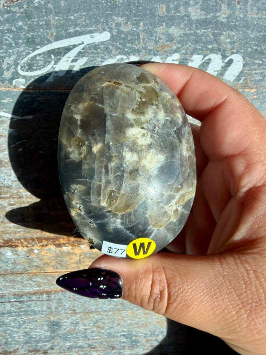 Gorgeous Black Moonstone Palm Stone from Madagascar | Opt W