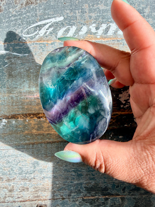 Gorgeous High Quality Rainbow Fluorite Palm Stone | China | Opt 36