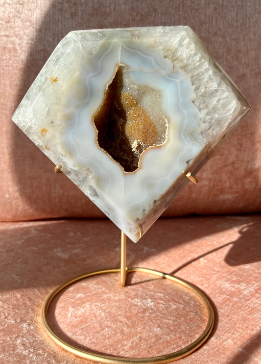 Gorgeous High Quality Agate with Druzy Hand Carved Diamond with Gold Stand from Brazil