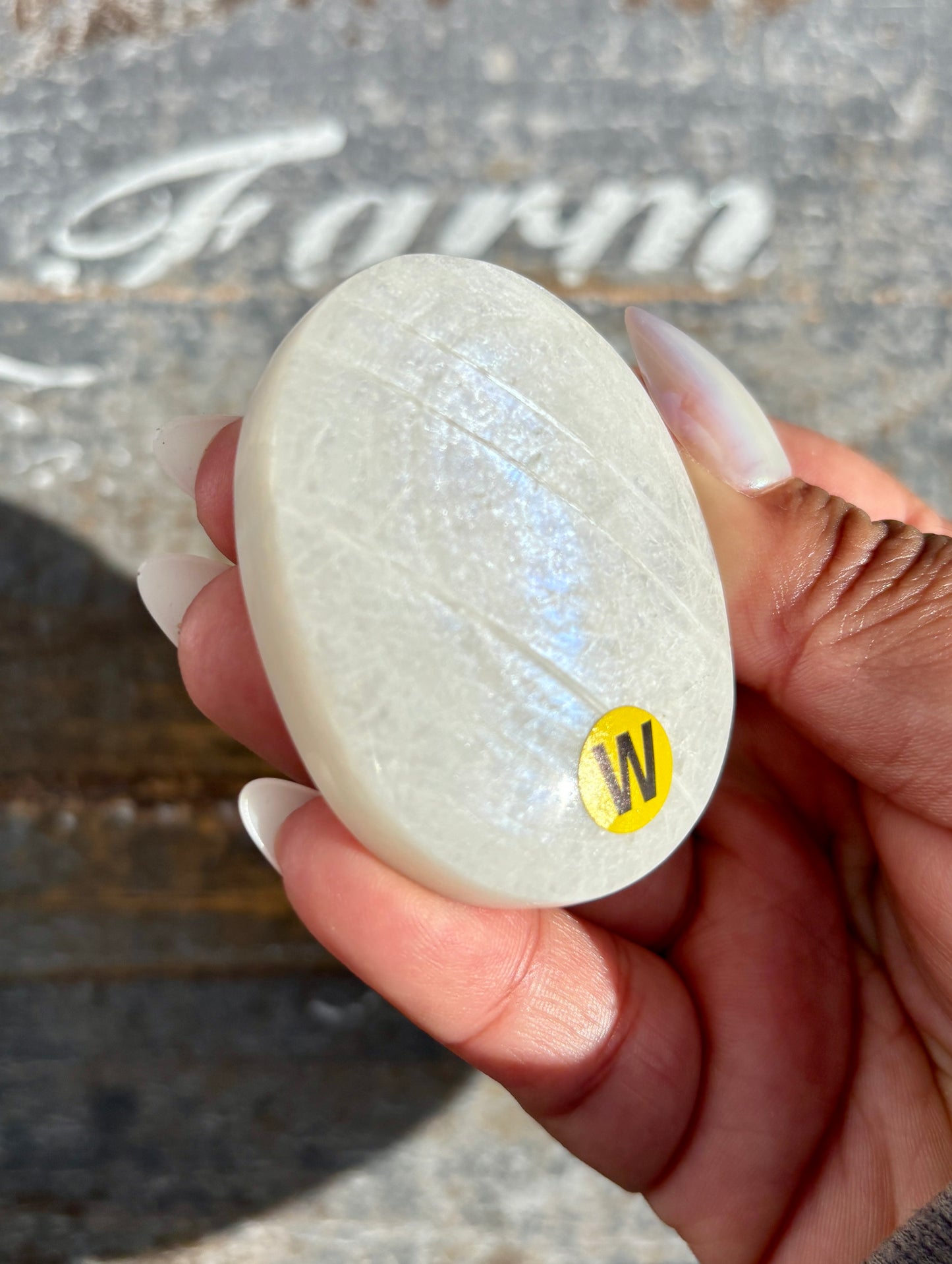 Gorgeous White Moonstone Palm Stone with Blue Flash | Opt W