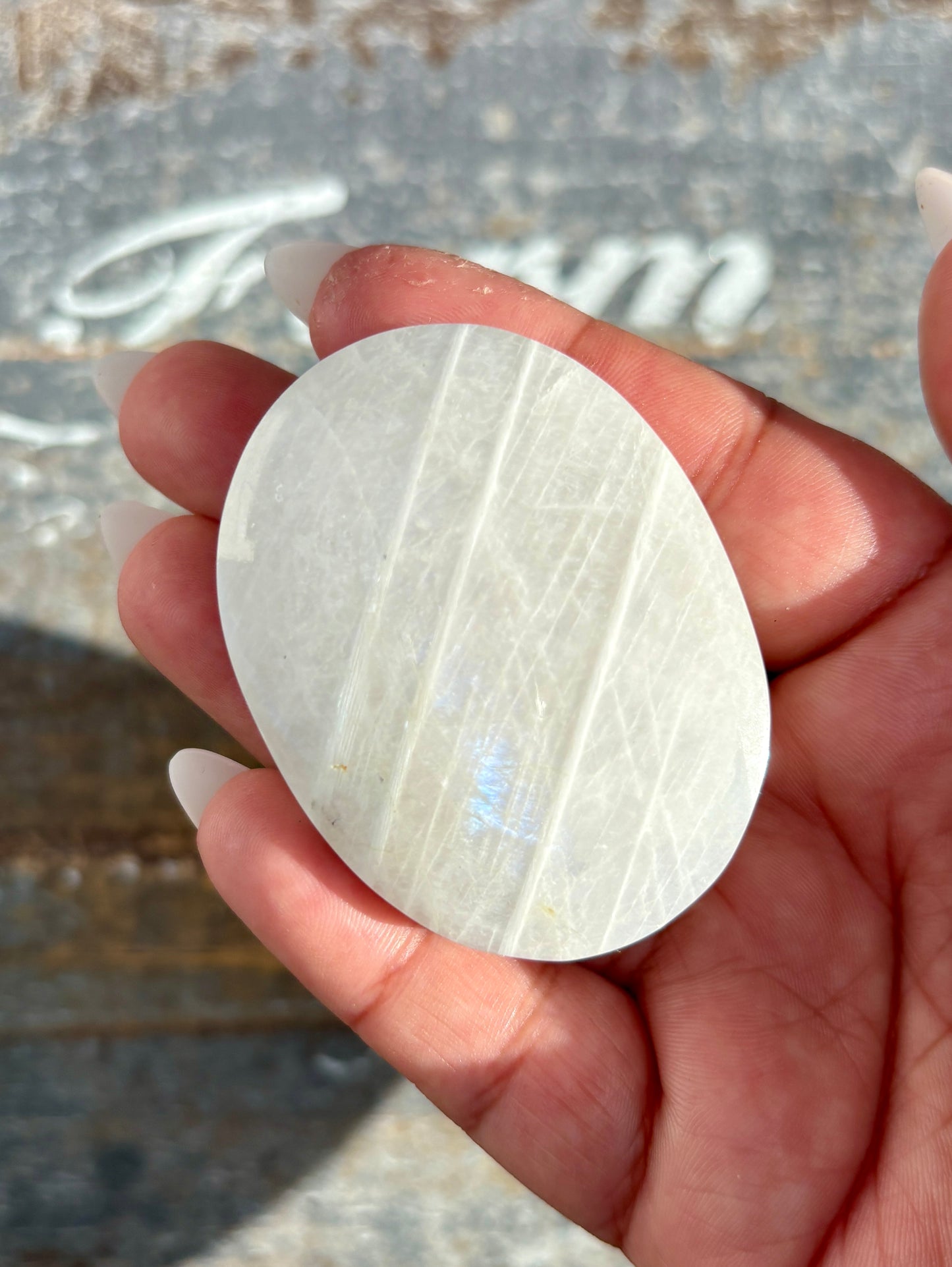 Gorgeous White Moonstone Palm Stone with Blue Flash | Opt W
